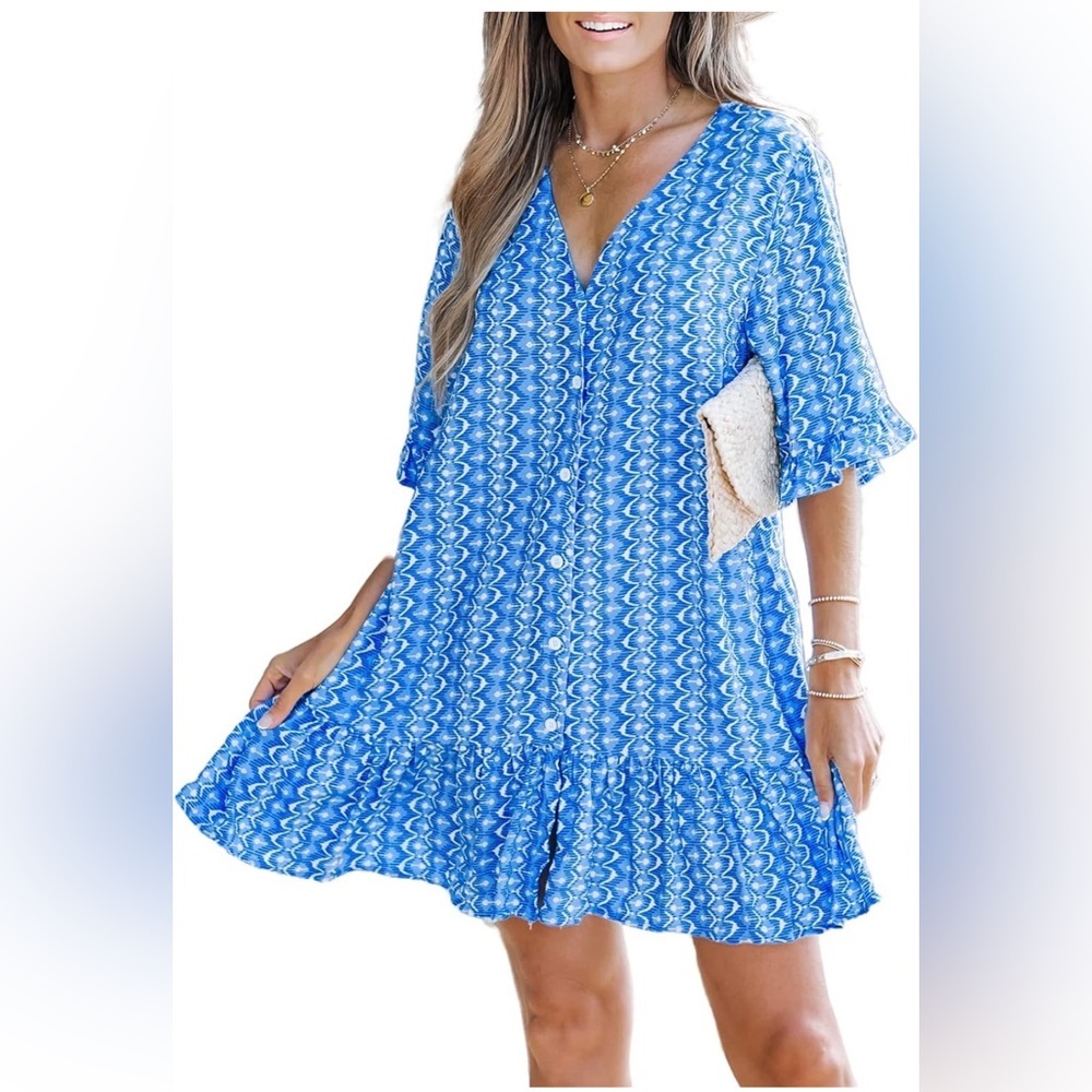 Women Ornate Print Buttoned Cover-Up Dress Short Sleeves V Neck Cover Up Summer
